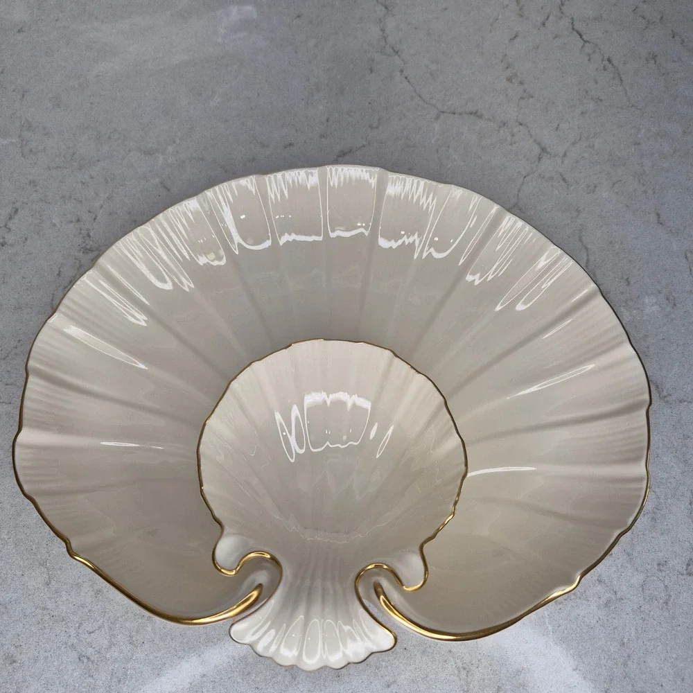 Lenox Chip And Dip Server Shell Scalloped Gold Trim Cream Unisex